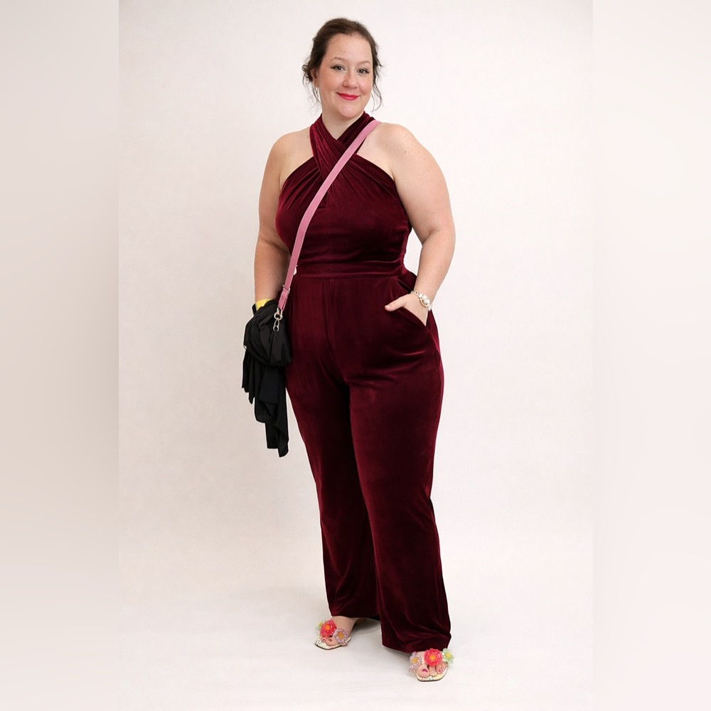 Baltic Born Velvet Halter Jumpsuit in Deep Burgundy